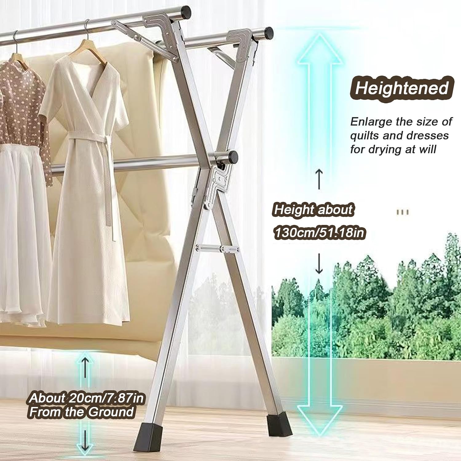 Hanging Clothes Rack Retractable - Collapsible Clothing Rack - X-Shaped Stainless Steel Laundry Drying Rack - Free Standing Clothes Rack with Non-Slip Feet,2.4m/95in