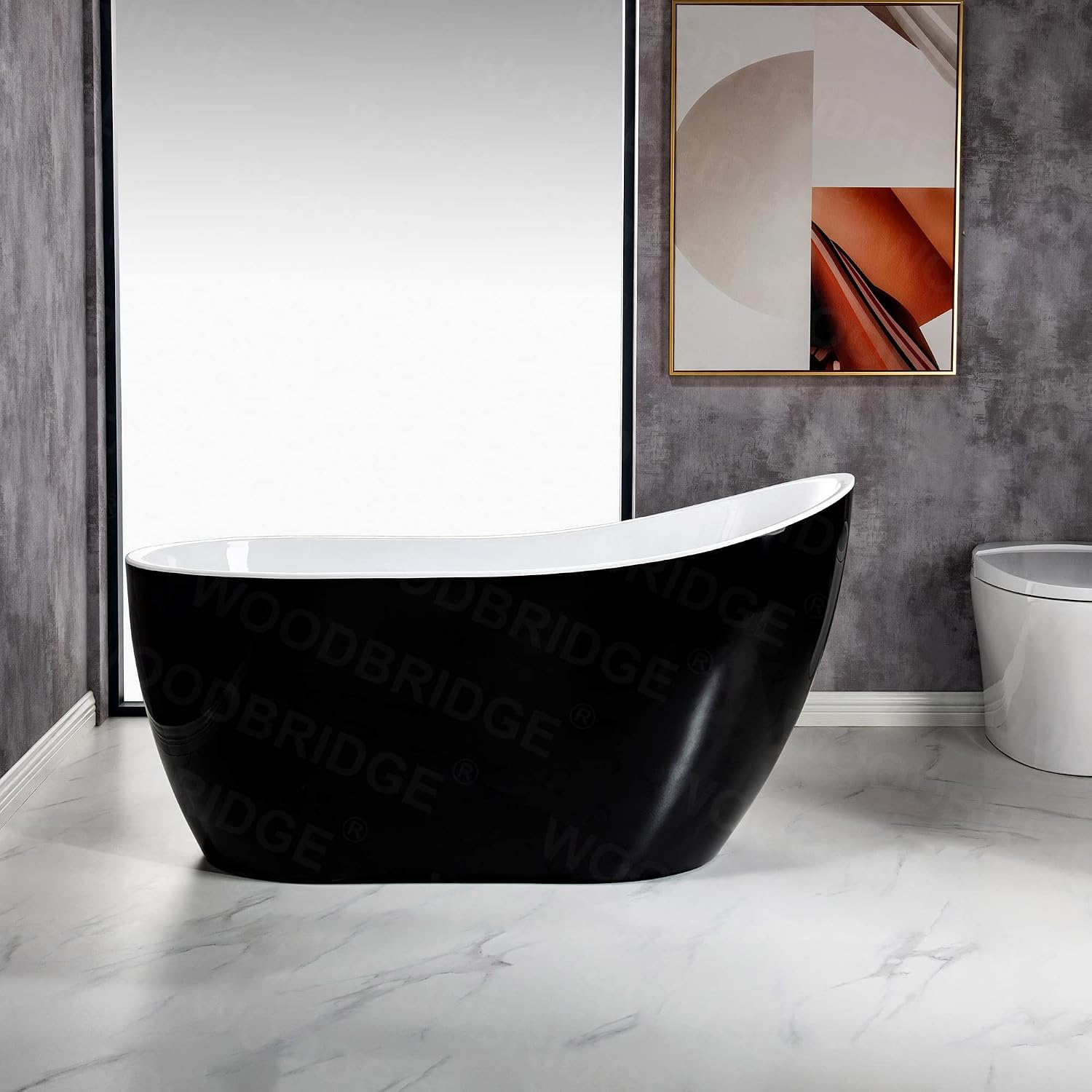 WOODBRIDGE 54' Freestanding White Acylic Soaking Bathtub with Matte Black Drain and Overflow,Black,B1807-MB