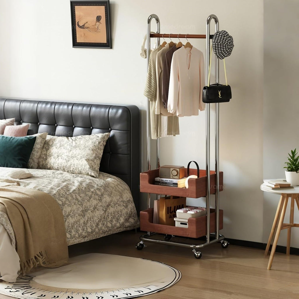 Rolling Clothing Racks With Side Hooks,Metal Clothes Rack With 2 Storage Basket,solid Wood Hanging Rod,Freestanding Garment Rack For Bedroom Living Room(73cm/28.7in)