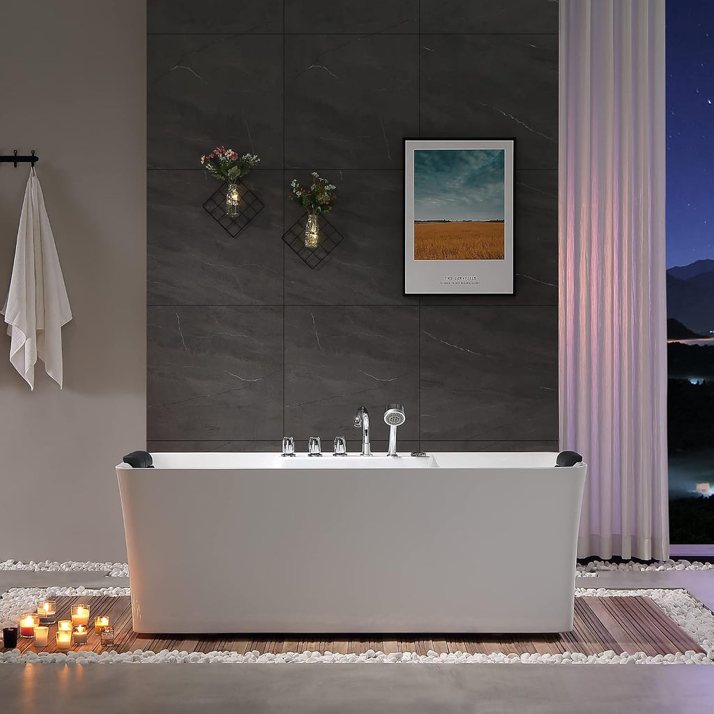 Empava 59' White Freestanding Rectangular Whirlpool Bathtub with 8 Adjustable Hydromassage Jets, ETL-Certified, 60-Gallon Capacity, Double-Ended Design & Two Pillows – Spacious for All Body Types