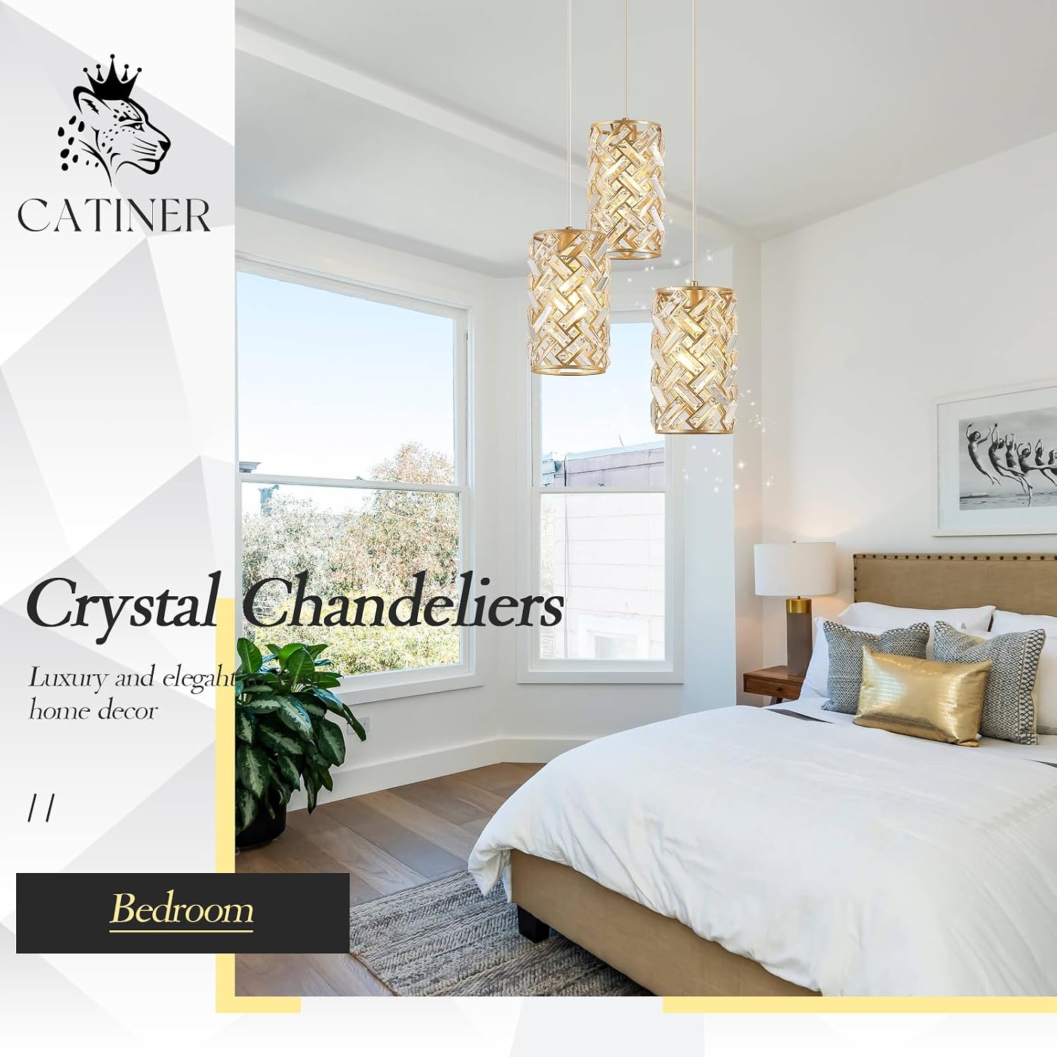 CATINER 3-Light Modern Gold Crystal Pendant Light Luxury Mini Chandelier, Adjustable Cluster Pendant Lighting for Kitchen Island Dinning Room Bedroom Hallway Porch