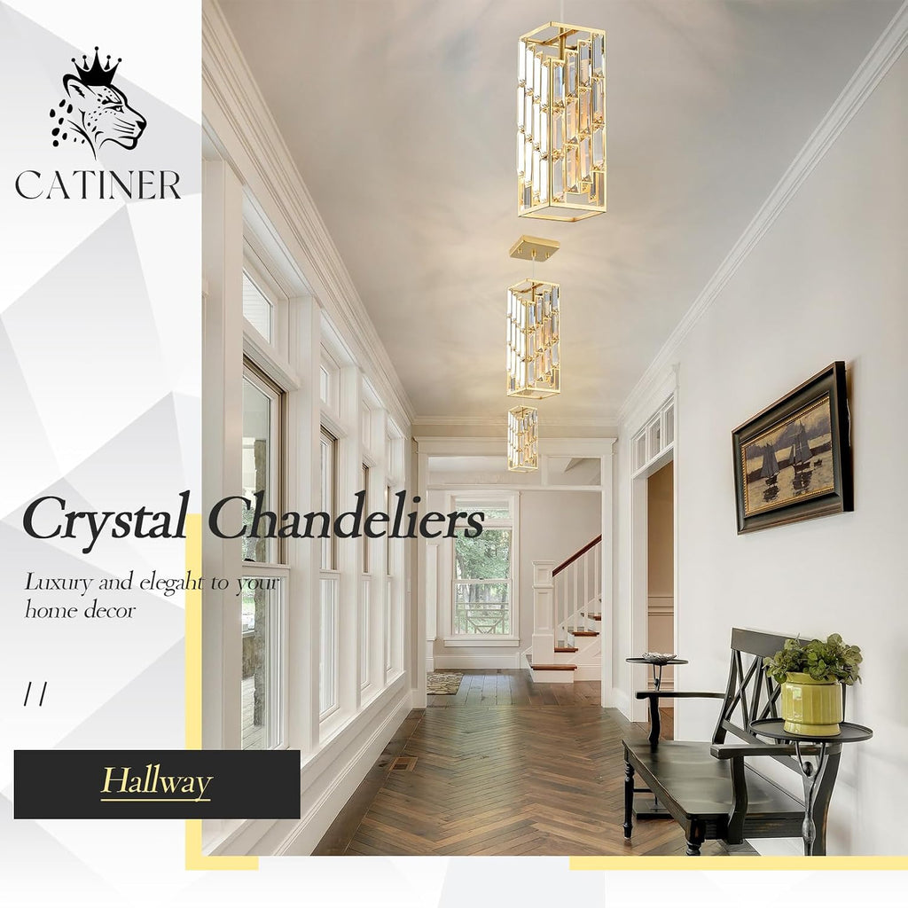 CATINER Gold Crystal Pendant Light 3 Pack, Mini Hanging Pendant Lighting Fixture with Adjustable Cord, Modern Gold Kitchen Island Pendant Lights for Dining Room, Bedroom, Hallway, E26 Base