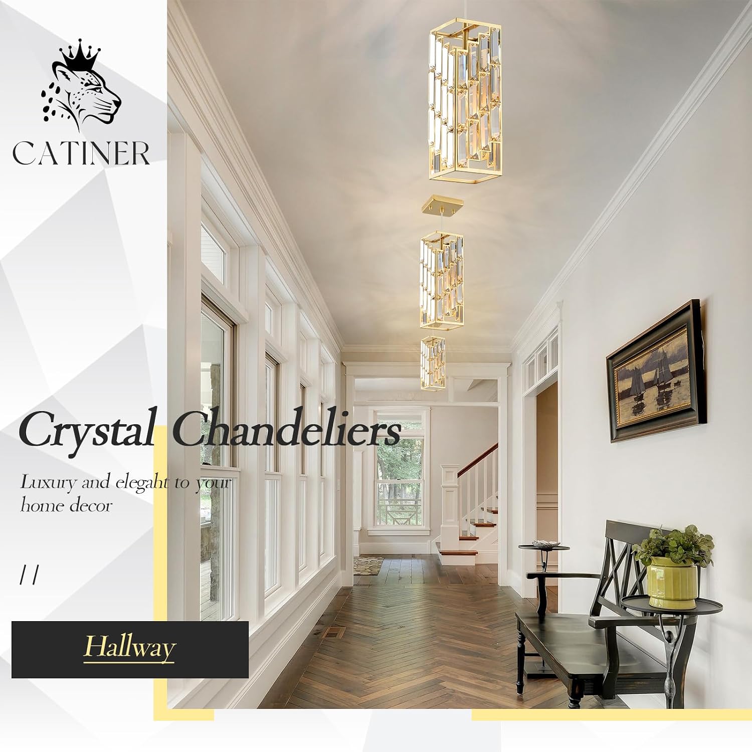 CATINER Gold Crystal Pendant Light 3 Pack, Mini Hanging Pendant Lighting Fixture with Adjustable Cord, Modern Gold Kitchen Island Pendant Lights for Dining Room, Bedroom, Hallway, E26 Base