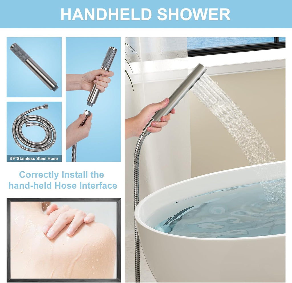 HAWKROWN Freestanding Bathtub Faucet, Floor Mount Bathtub Faucet with 2 Water Outlet Mode, Swivel Gooseneck Spout with Hand Shower, Brass Single Handle Tub filler, Max Flow Rate 7.4 GPM,Brushed Nickel