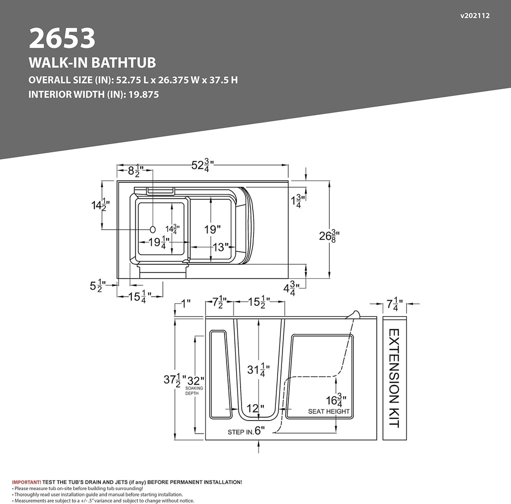 ANZZI Walk-In Bathtub 53 in x 26 in Right Drain Soaking Tub White Quick Fill Faucet Handheld Shower ADA Compliant Low Threshold Grab Bar Slip Resistant Acrylic Fiberglass Extension Kit | AMZ2653RWS