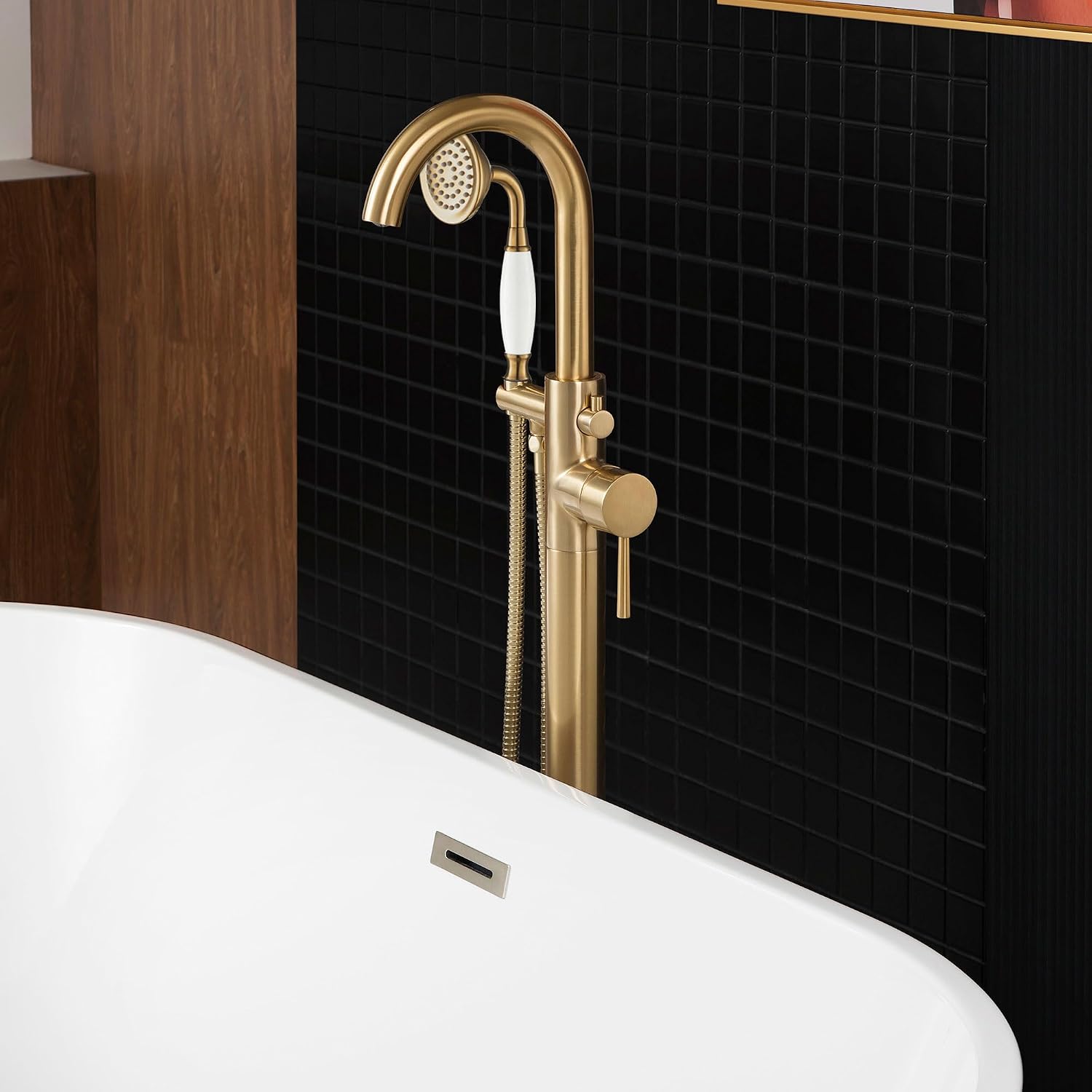 WOODBRIDGE Contemporary Single Handle Floor Mount Freestanding Tub Filler Faucet with Hand Shower in (Brushed Gold) Finish,F0007-BGVT