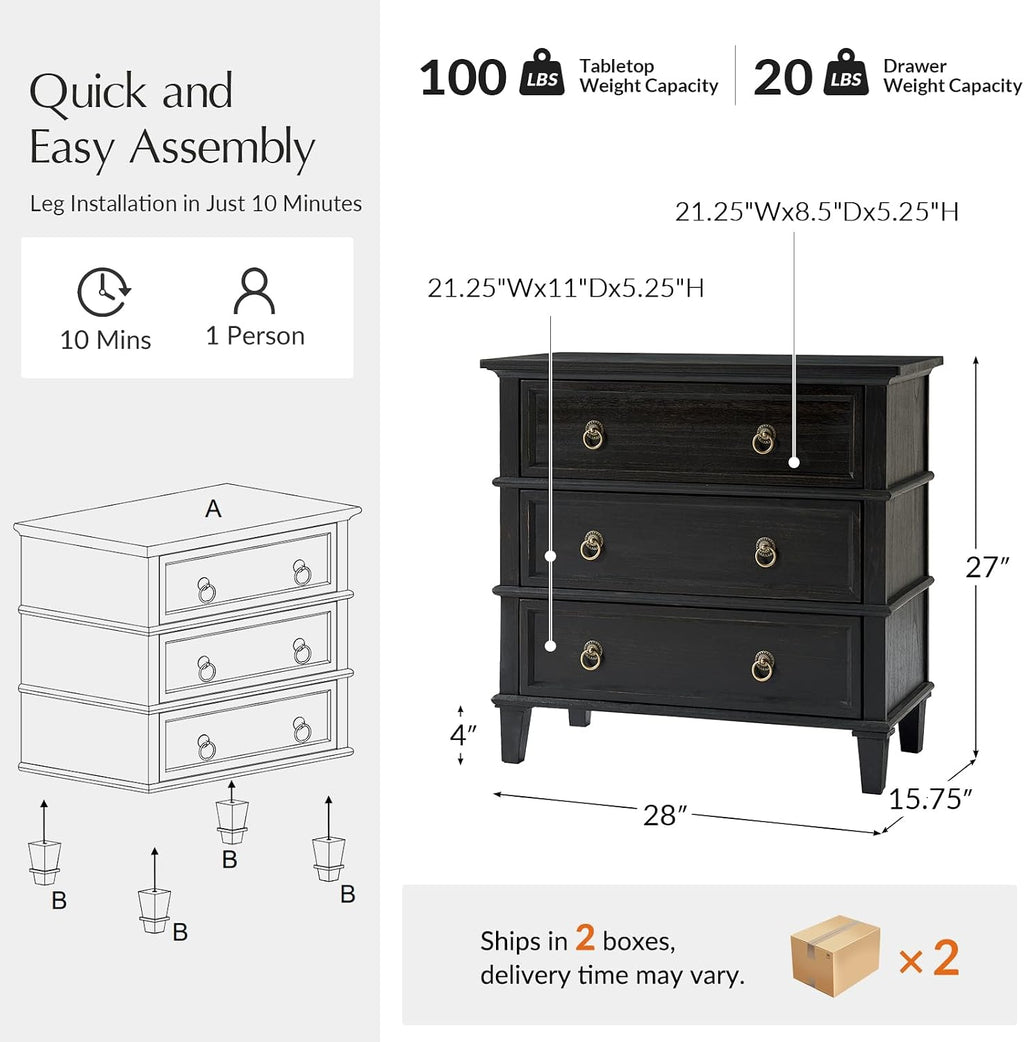 HULALA HOME Farmhouse End Tables Set of 2 with 3 Drawers, Paulownia Solid Wood Side Table with Vintage Knobs, Ancient End Table with Charging Station, Easy Assembly, Charcoal