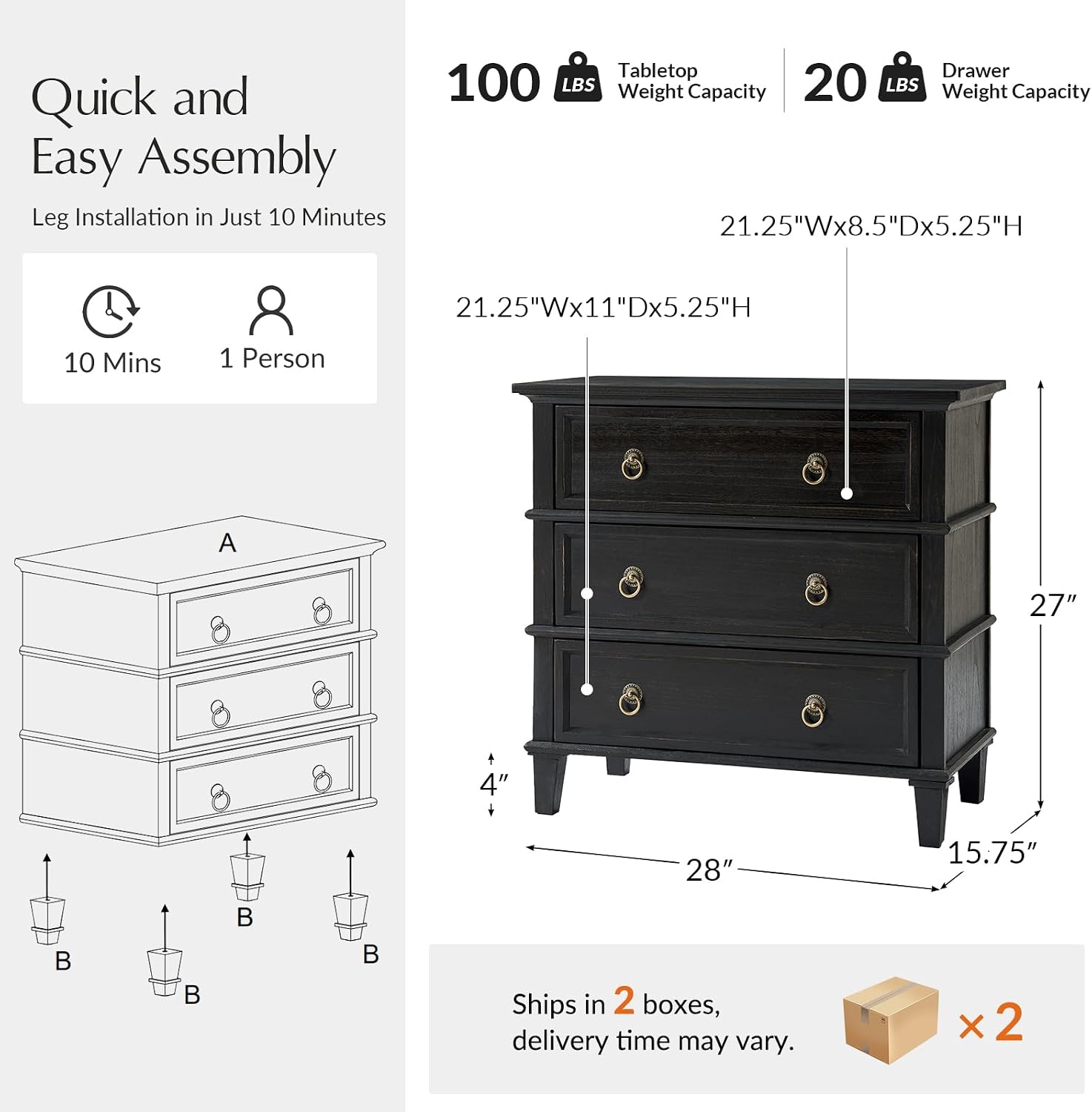 HULALA HOME Farmhouse End Tables Set of 2 with 3 Drawers, Paulownia Solid Wood Side Table with Vintage Knobs, Ancient End Table with Charging Station, Easy Assembly, Charcoal