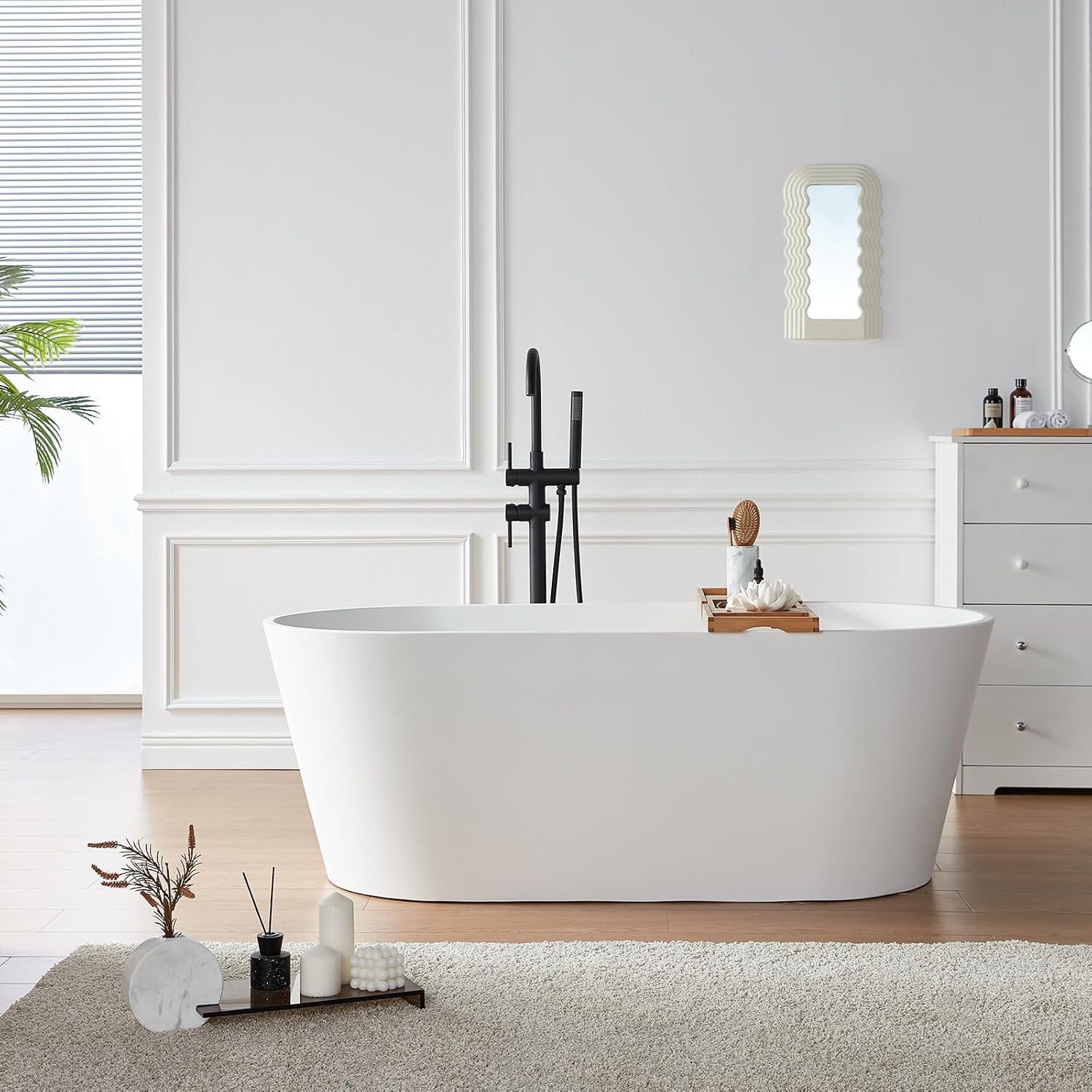 Cpingao 55' Stone Resin Freestanding Bathtub, Modern Oval Solid Surface Soaking Stand Alone Tub, Matte White, Drain & Overflow Included 8816-1400