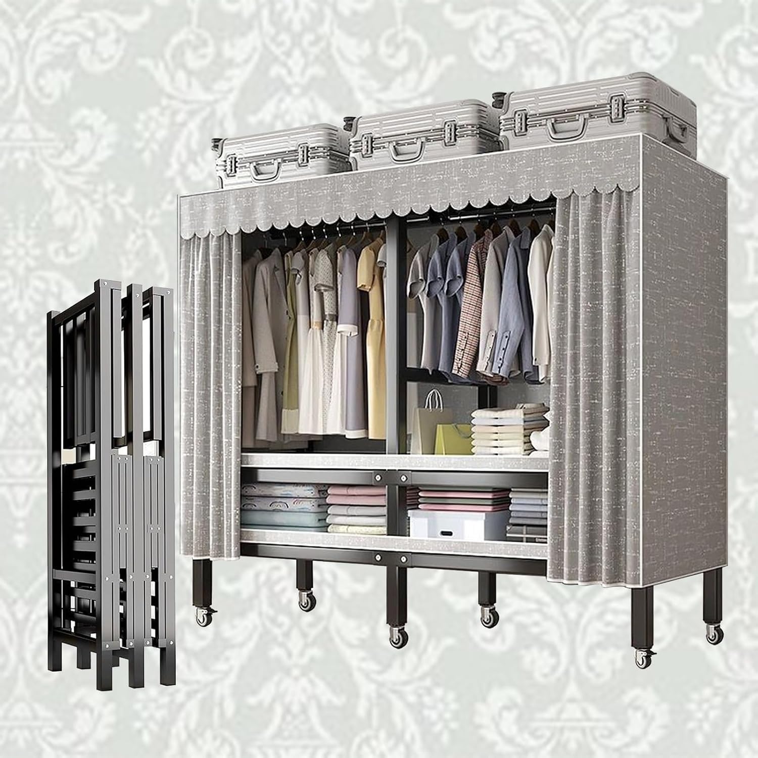 Heavy Duty Portable Wardrobe Closet With Cover and Wheels Collapsible Clothes Rack With Hang Rods & Shelves Large Rolling Garment Rack for Hanging Clothes Coat Storage Organizer(Size:125*52*180cm)