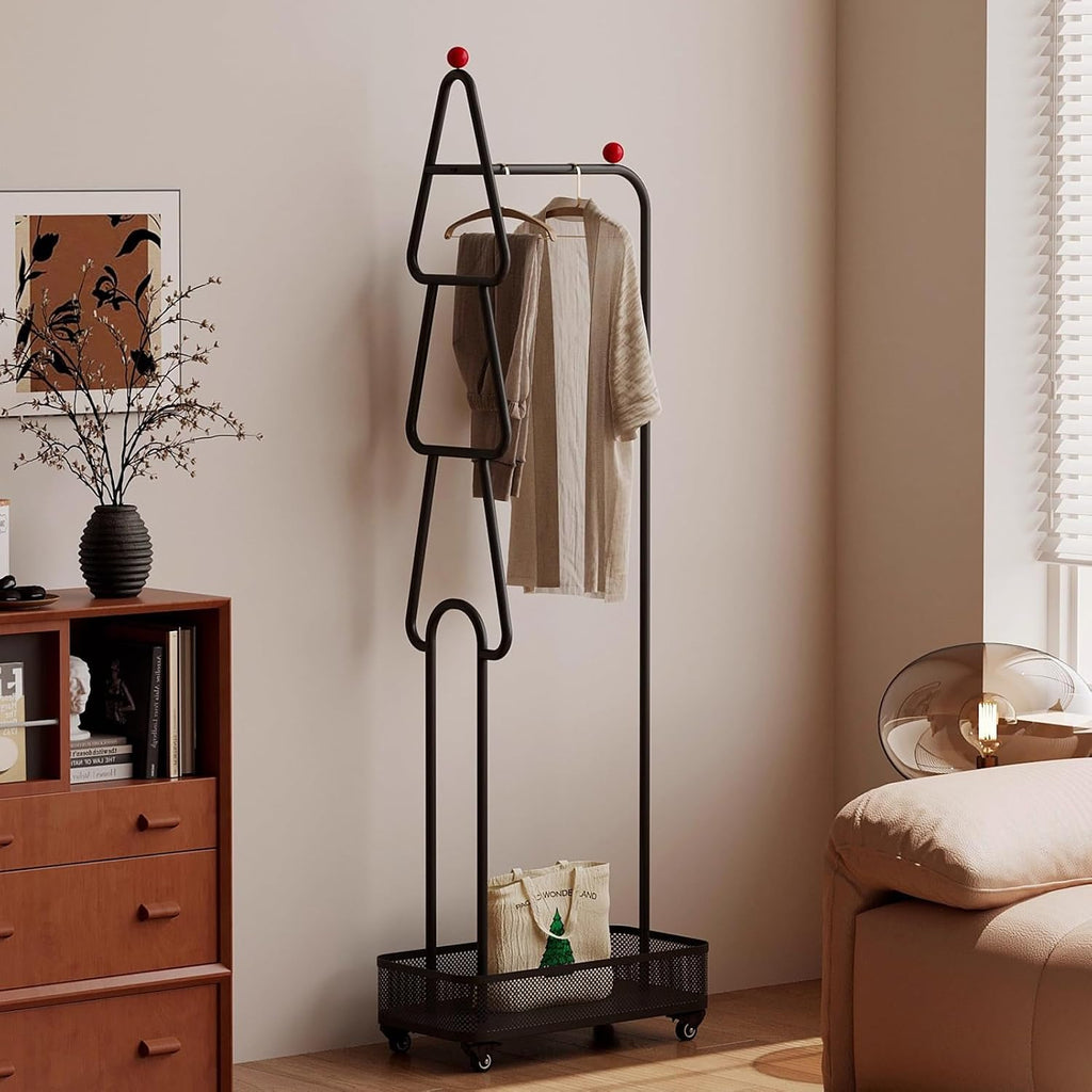 Garment Rack Small Clothes Racks for Hanging Clothes, Metal Clothing Rack with Wheels, Freestanding Coat Rack with Storage Basket, Portable Wardrobe Rack for Bedroom and Small Space, Black