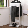 Wooden Valet Stand for Men, Modern Mens Valet Stand with Tray Organizer, Shoe Shelf, Hanging Rod & Suit Rack, Freestanding Clothes Rack for Bedroom Entryway Office, White