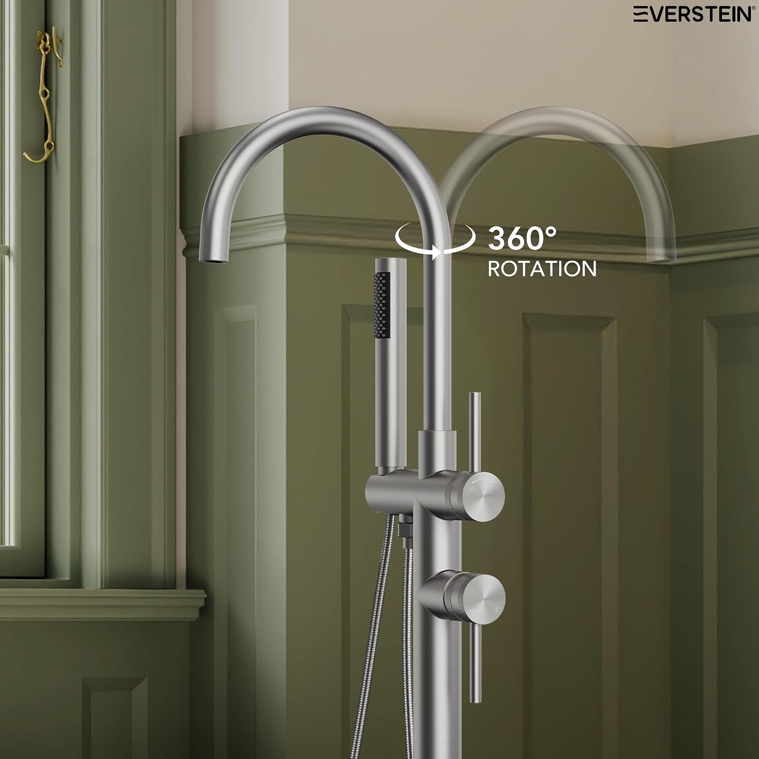 Freestanding Bathtub Faucet with Hand Held Shower, Floor Mount Tub Filler, Dual Handle Brass Bath Tub Faucet, Valve Included，Brushed Nickel