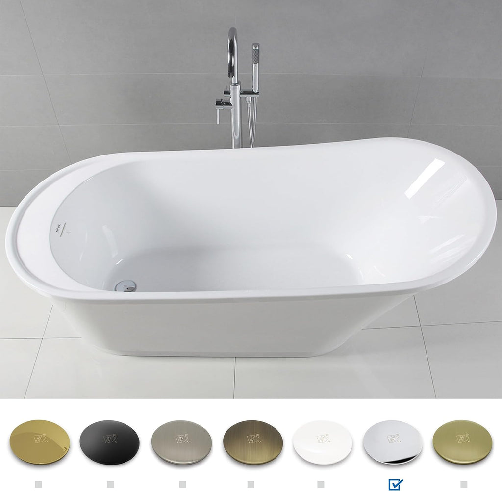 FerdY Langkawi 67' Acrylic Freestanding Bathtub, White Modern Stand Alone Soaking Bathtub, cUPC Certified, Chrome Drain and Minimalist Linear Design Overflow Included, Easy to Install