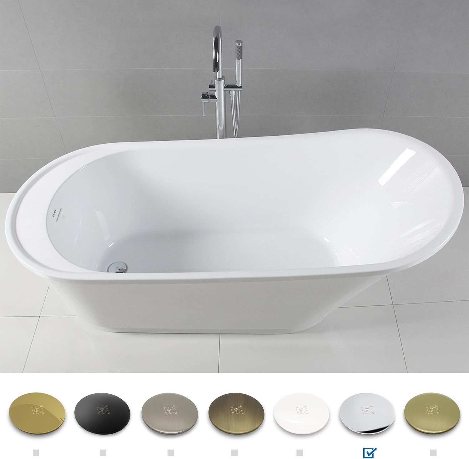 FerdY Langkawi 67' Acrylic Freestanding Bathtub, White Modern Stand Alone Soaking Bathtub, cUPC Certified, Chrome Drain and Minimalist Linear Design Overflow Included, Easy to Install