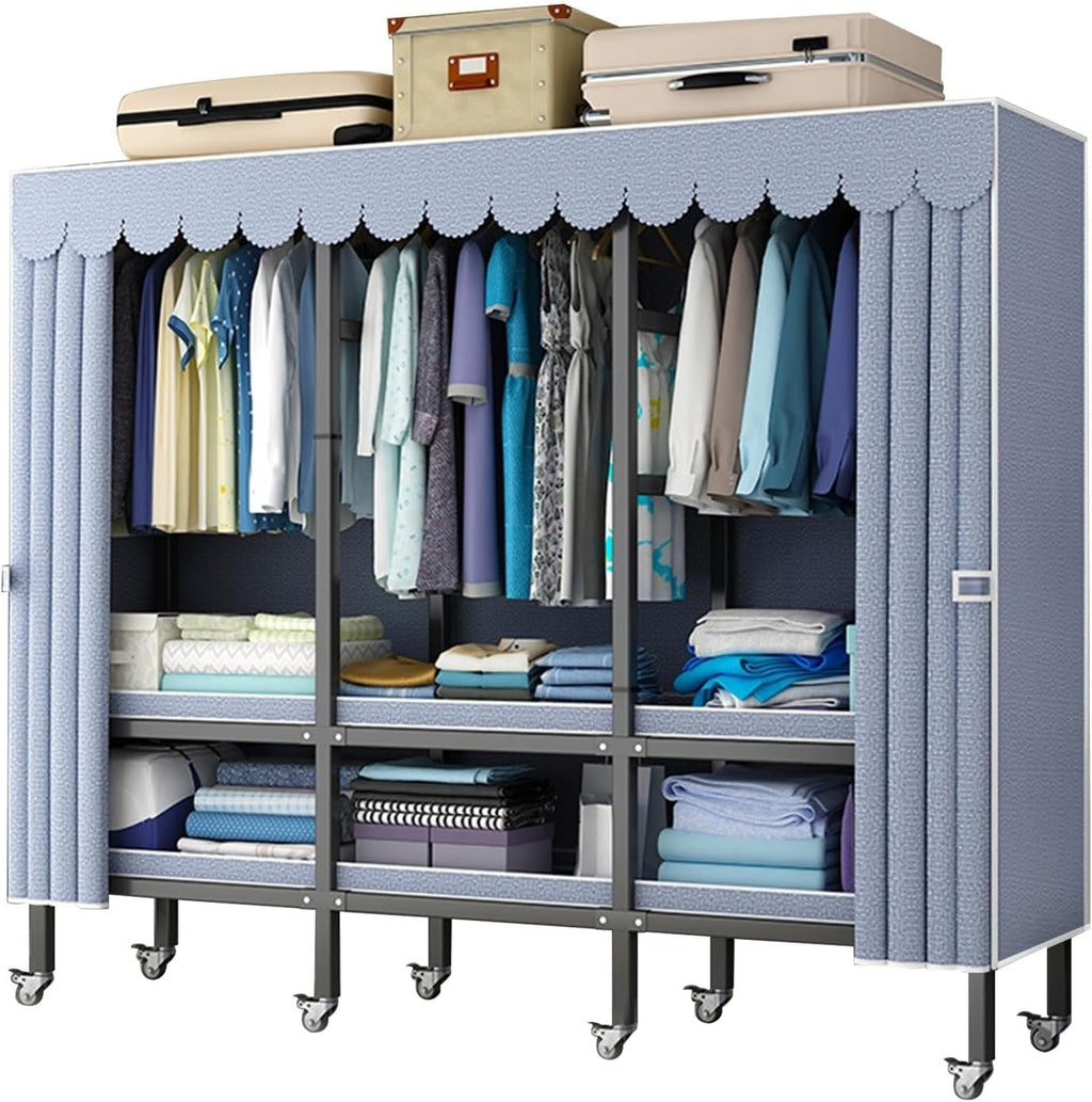 Heavy Duty Metal Mobile Clothes Drying Rack - Rolling Foldable Clothes Rack With Cover And Wheels/1500 Lbs Large Capacity Wardrobe Closet/Independent Clothing Organization System For Bedroom(Size:190*