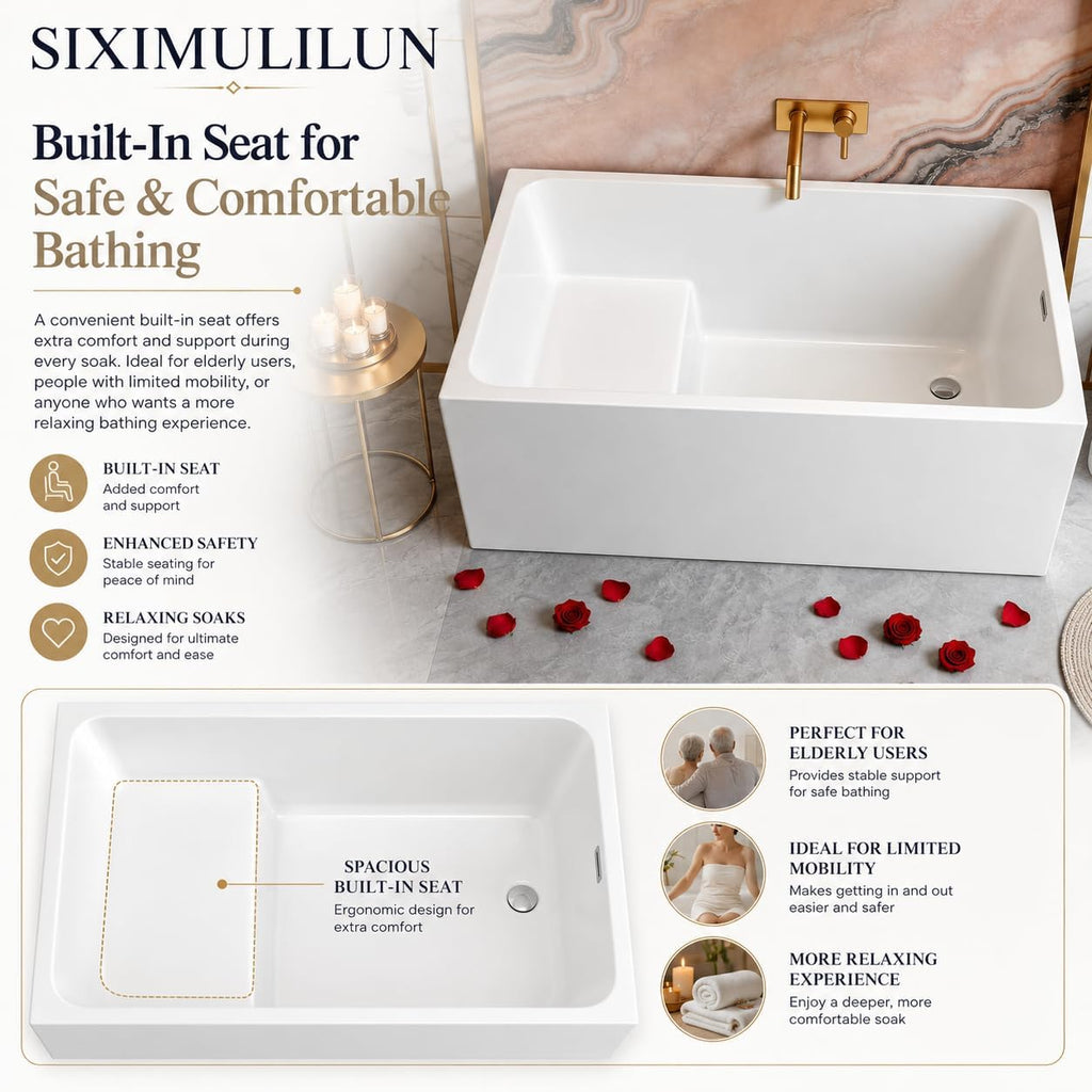 43' Acrylic Freestanding Bathtub with Seat,Deep Bathtub,Rectangle Soaking Tub with Chrome Overflow & Pop-Up Drain, CUPC Certified for Small Bathrooms