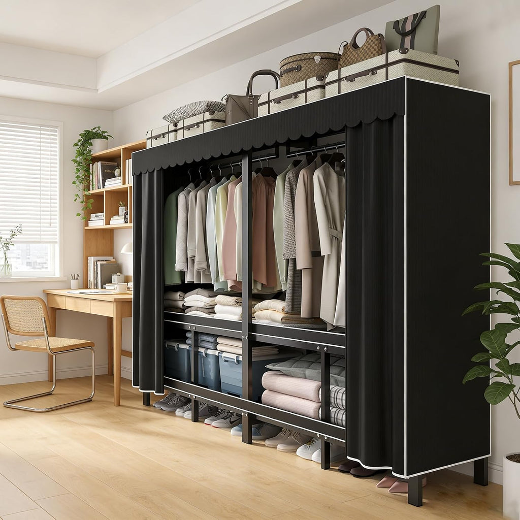 59.1in Foldable Portable Wardrobe ClosetS for Hanging Clothes Heavy Duty Garment Rack with Cover Folding Metal Clothing Racks Freestanding Collapsible Large Covered Armoire (black, 59.1in/150cm)