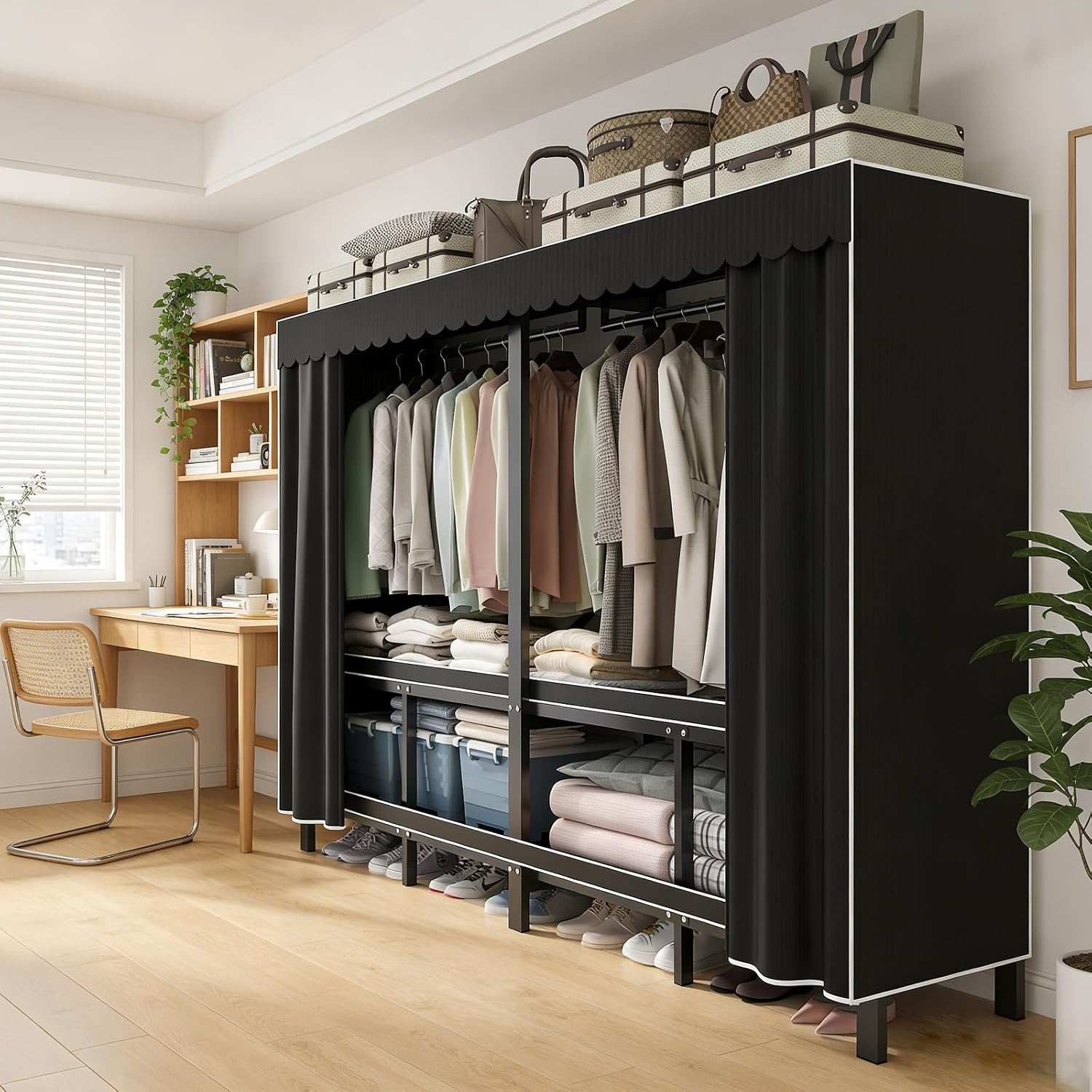 59.1in Foldable Portable Wardrobe ClosetS for Hanging Clothes Heavy Duty Garment Rack with Cover Folding Metal Clothing Racks Freestanding Collapsible Large Covered Armoire (black, 59.1in/150cm)