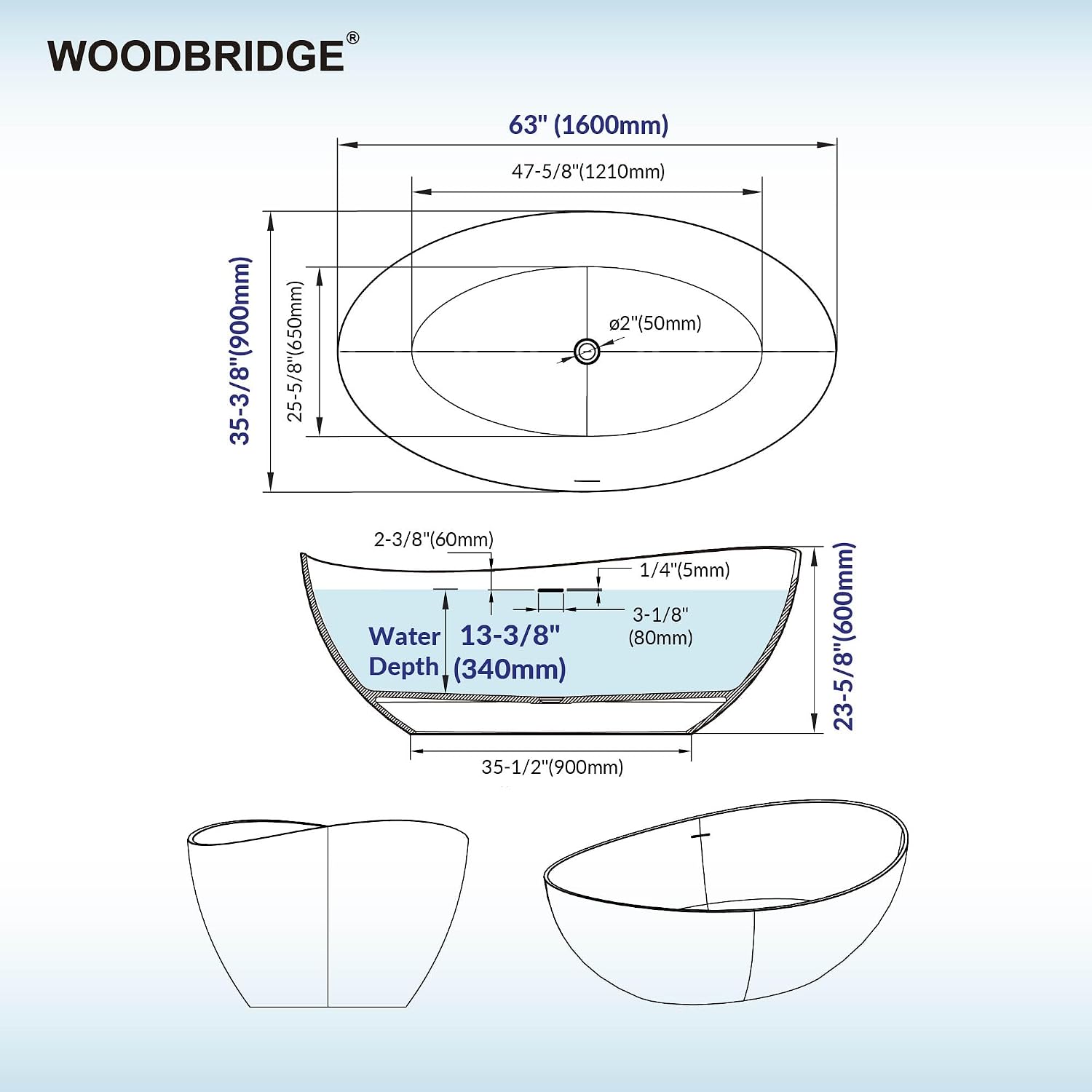 WOODBRIDGE 63' L x 35-3/8' W Luxury Contemporary Solid Surface Stone Resin Freestanding Bathtub in Matte White