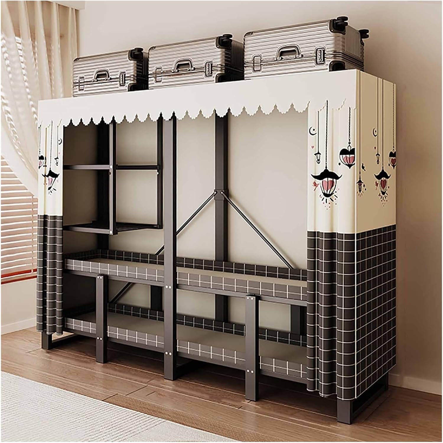 Foldable Portable Wardrobe Closet with Cover, Metal Garment Rack with Hanging Rods, Clothing Rack Storage Organizer, Enclosed Curtain, for Bedroom, Dorm(Blue1,216cm/85inch)