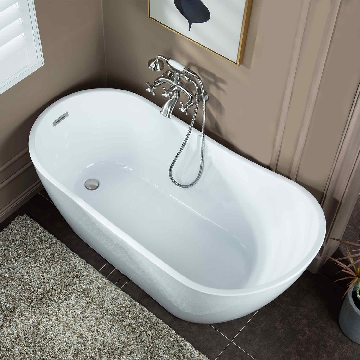 WOODBRIDGE 67' Acrylic Freestanding Bathtub Contemporary Soaking White Tub with Chrome Overflow and Drain