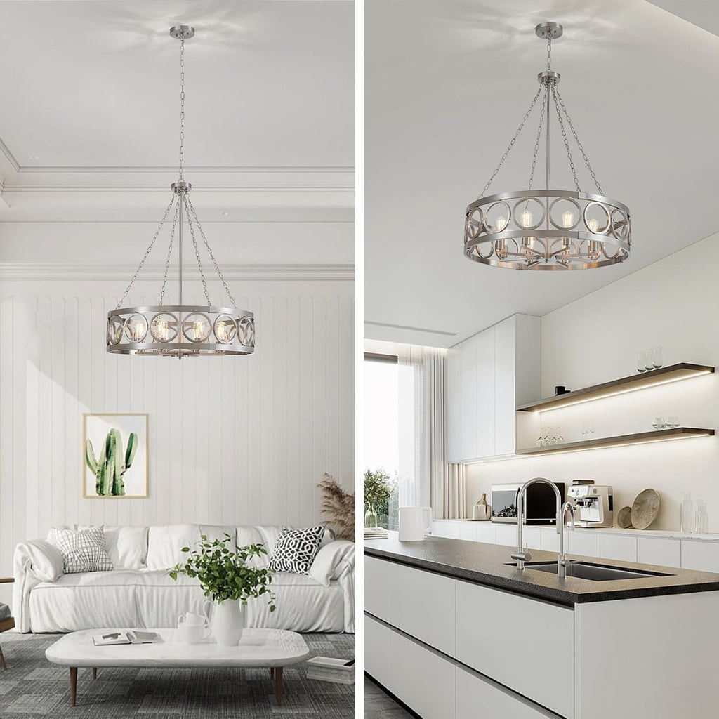 XINGQI 32.3' Large Brushed Nickel Drum Chandelier Modern 8-Light Rustic Farmhouse Round Pendant Lighting Fixture for Dining Room Living Room Office Kitchen Island