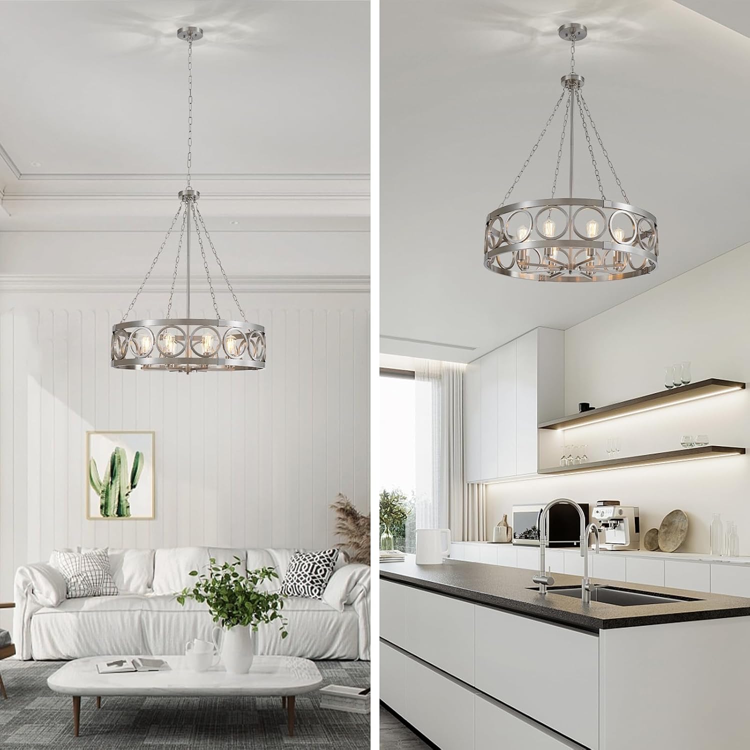XINGQI 32.3' Large Brushed Nickel Drum Chandelier Modern 8-Light Rustic Farmhouse Round Pendant Lighting Fixture for Dining Room Living Room Office Kitchen Island