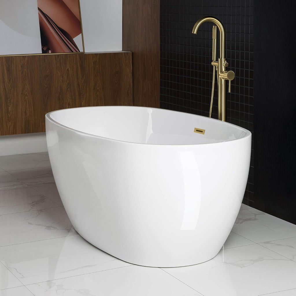 WOODBRIDGE 59'Freestanding White Acylic Soaking Bathtub with Brushed Gold Drain and Overflow,BTA1518 -BG-Drain &O