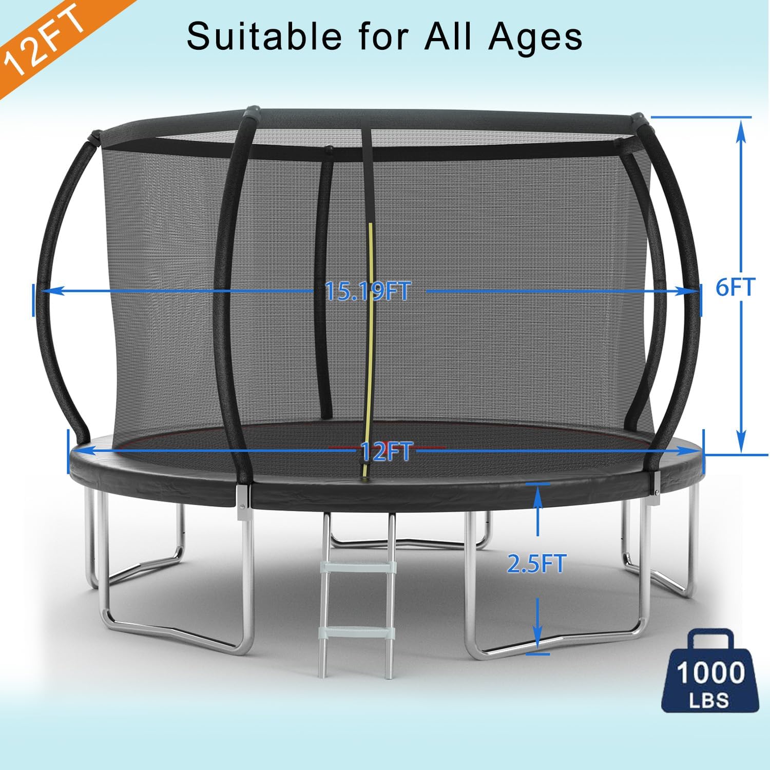 1500LBS 16FT 15FT 14FT 12 FT 10FT 8FT Tranpoline for Kids and Adults with Sprinkler, Lights with Music Speaker, Socks, Water Ball, Heavy Duty Outdoor Tranpoline with Net Enclosure and Ladder
