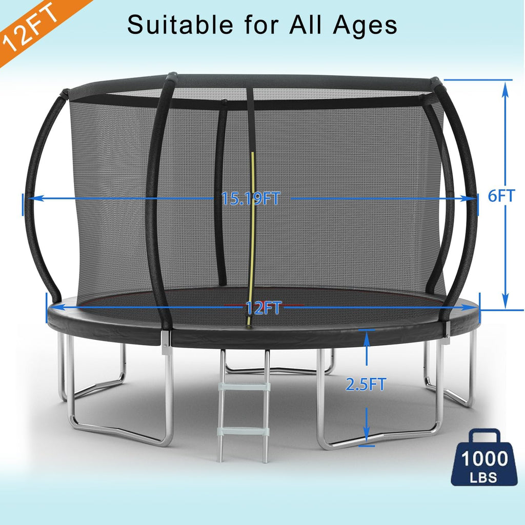 1500LBS 16FT 15FT 14FT 12 FT 10FT 8FT Tranpoline for Kids and Adults with Sprinkler, Lights with Music Speaker, Socks, Water Ball, Heavy Duty Outdoor Tranpoline with Net Enclosure and Ladder