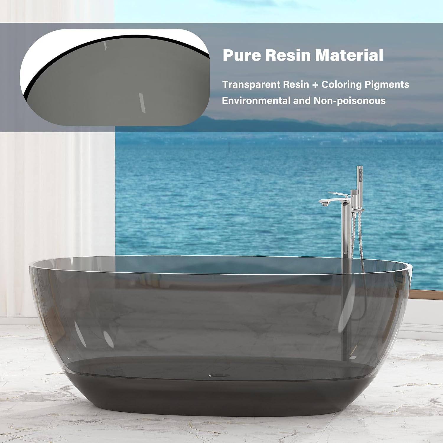 CASAINC 59' Resin Freestanding Bathtub Transparent Soaking Tub Modern Oval Design Stand Alone Tub with Pop-up Drain, 65.52 Gallons Water Storage Capacity 410 MM Soaking Depth, Transparent Ash Gray