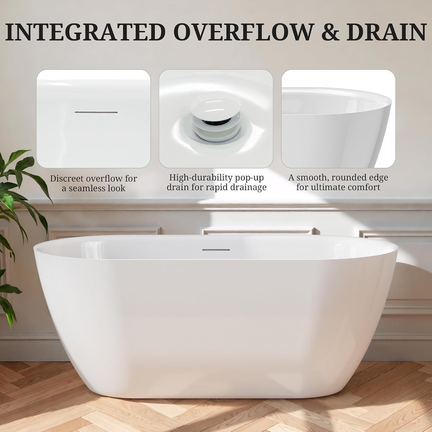 59' Freestanding Bathtub cUPC Certified, Acrylic Oval Deep Soaking Tub, Fiberglass Reinforced Stand Alone Bathtub with Integrated Overflow & Drain, Ergonomic Design, Glossy White Modern Bathroom Tub
