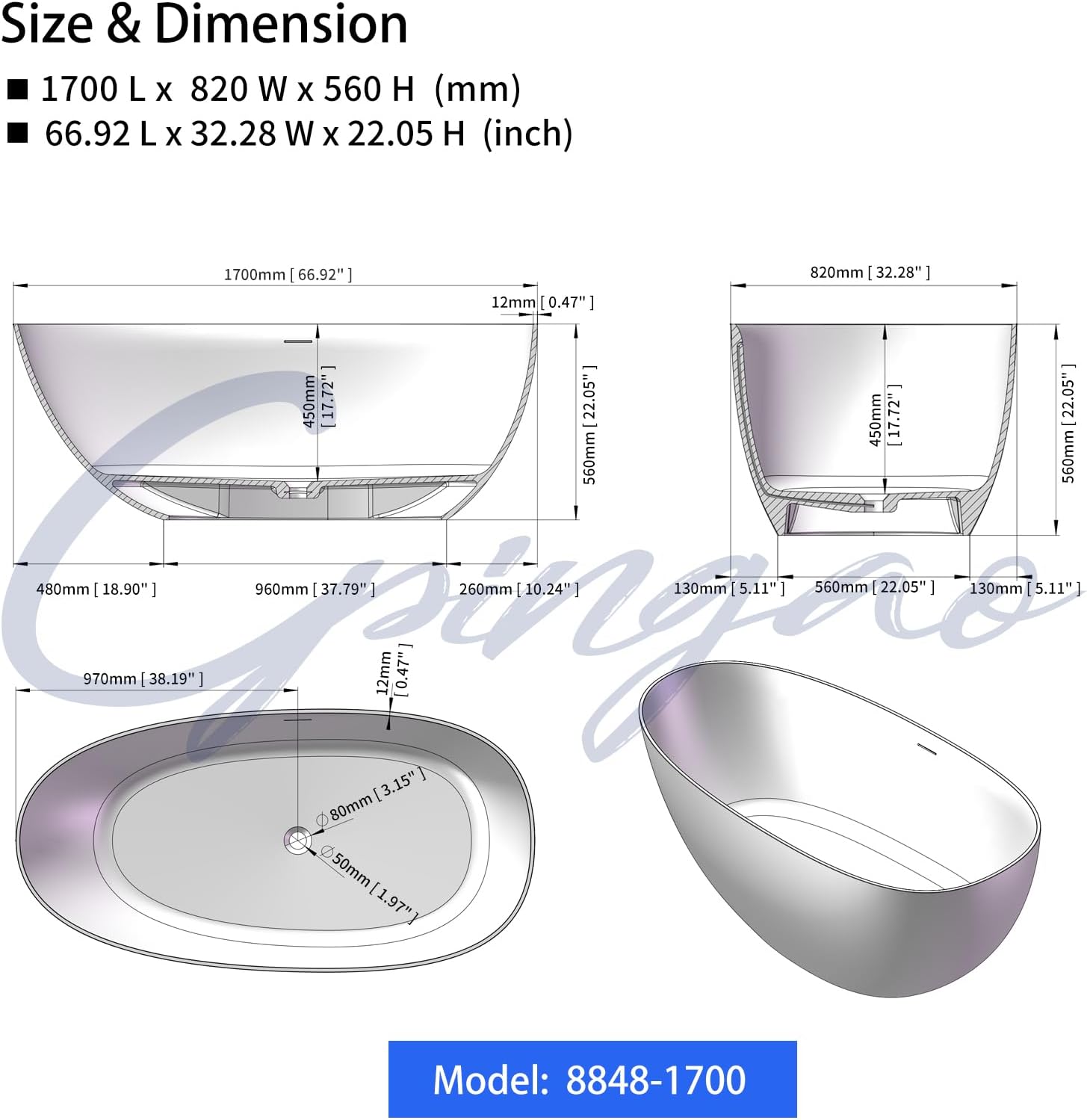 Cpingao 67' Stone Resin Freestanding Bathtub, Egg Shell Solid Surface Soaking Stand Alone Tubs with Pop-up Drain and Overflow, Matte White 8848-1700