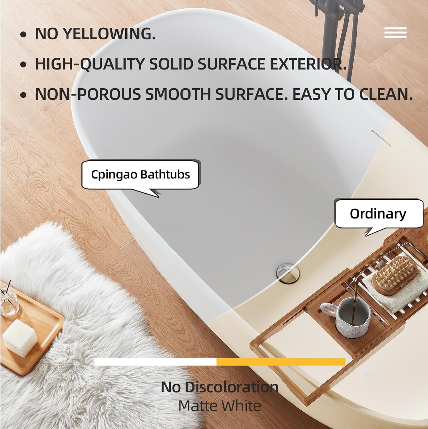 Cpingao (63'Lx31.5'Wx22'T) Stone Resin Solid Surface Freestanding Bathtub, Modern Elegant Design Soaking Stand Alone Tub, Matte White, Chrome Drain and Overflow Included 8823A