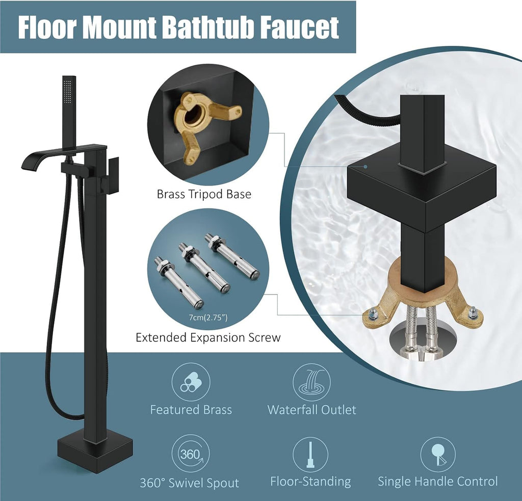 Aolemi Freestanding Bathtub Faucet Floor Mount Tub Filler with Handheld Spray Single Handle Free Standing Bathroom Faucets Swivel Curved Waterfall Spout Matte Black