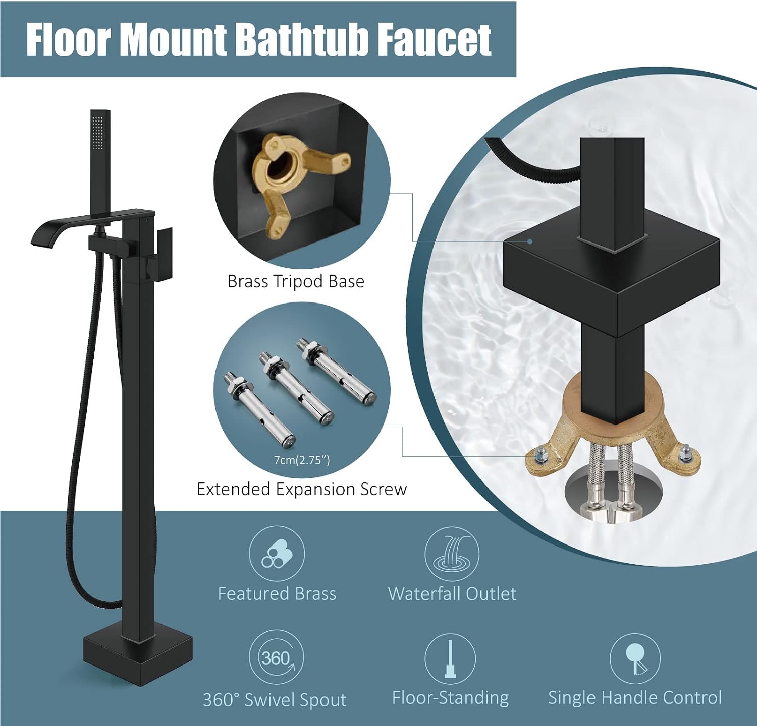 Aolemi Freestanding Bathtub Faucet Floor Mount Tub Filler with Handheld Spray Single Handle Free Standing Bathroom Faucets Swivel Curved Waterfall Spout Matte Black