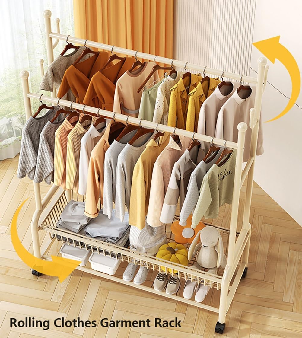 Double Garment Rack with Wheels, 100x45x170cm, Sturdy, Rolling Metal Clothes Rack with Shoe Shelf and Hooks for Closet