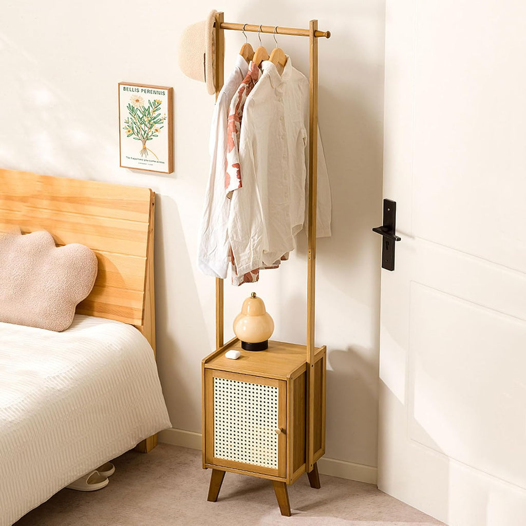 Bamboo Clothes Rack with Storage Cabinet Clothing Hanging Rail, Open Wardrobe Coat Stands Free Standing Garment Rack for Bedroom Living Room Hallway