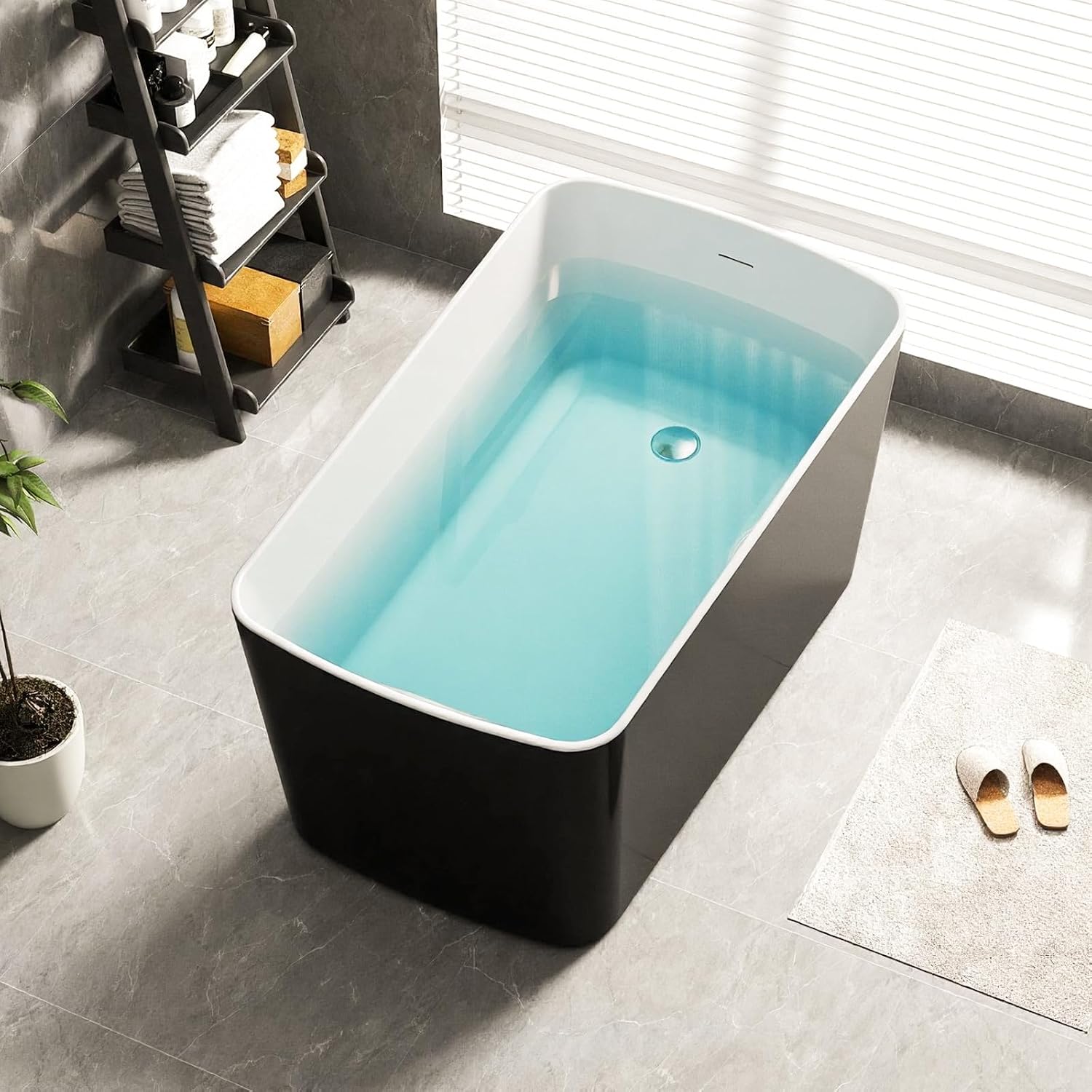 Zevemomo 49' Glossy White Acrylic Freestanding Soaking Tub w/Seat- Contemporary Design with Toe-Tap Drain & Brushed Nickel Overflow - 55 Gal, cUPC Certified