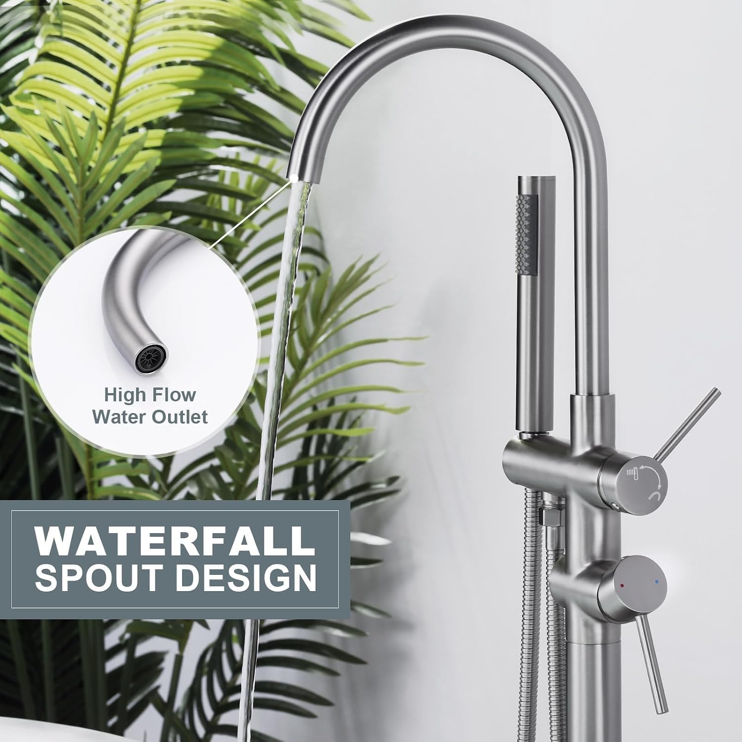 Freestanding Tub Filler Faucet, Floor Mount Brushed Nickel Bathtub Faucet with Single Handheld Shower, Brass Shower Tub Faucet Set Complete, Bathtub Faucet with Shower