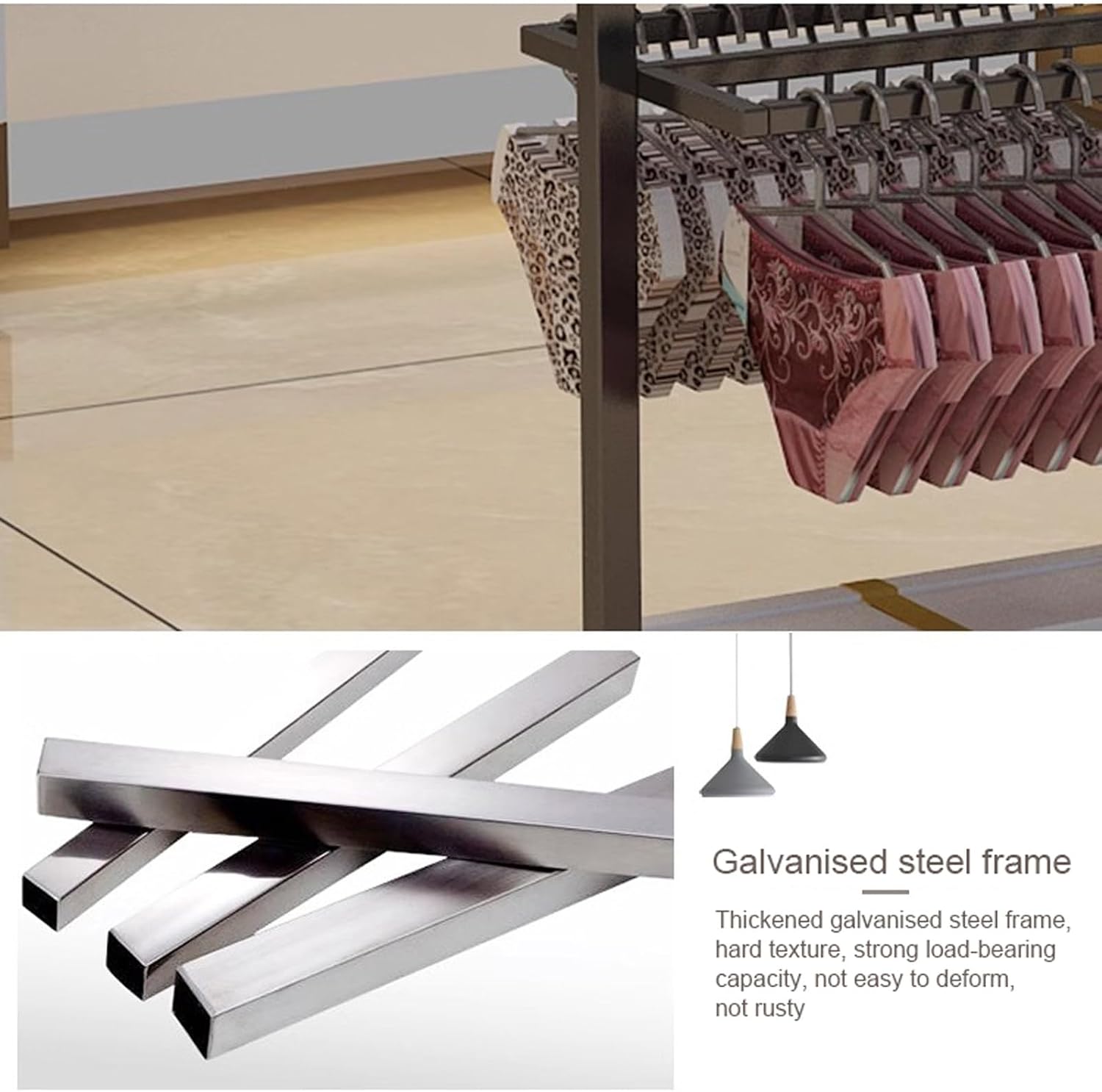 Heavy Duty Underwear Display Stands, Wrought Iron Floor-Standing Display Stand, Garment Racks with Top Storage Shelf and Hanging Bar, for Bag Skirts Socks Panties Shorts Underwear Bra