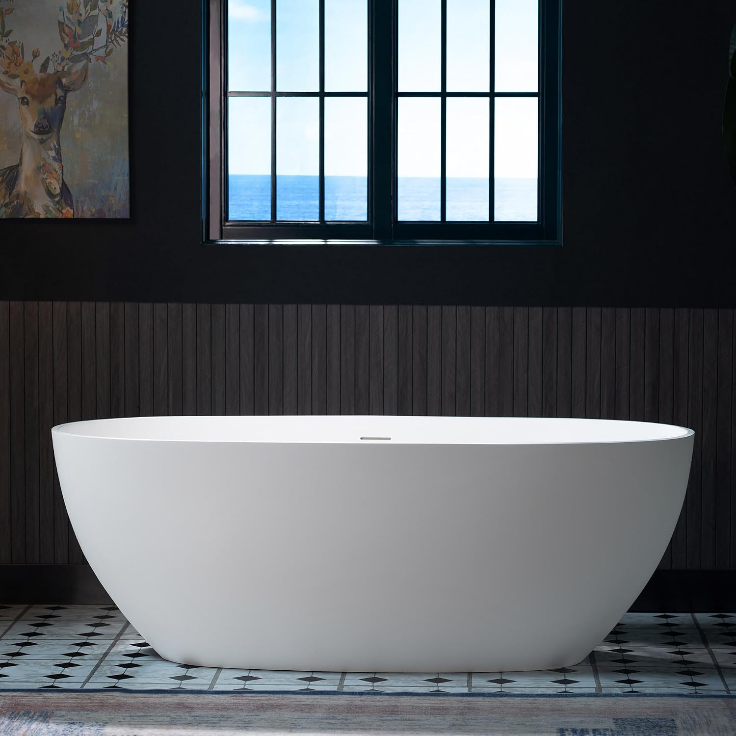 WOODBRIDGE 63' L x 28.35' W Stone Resin Luxury Contemporary Solid Surface Freestanding Soaking Tub in Matte White