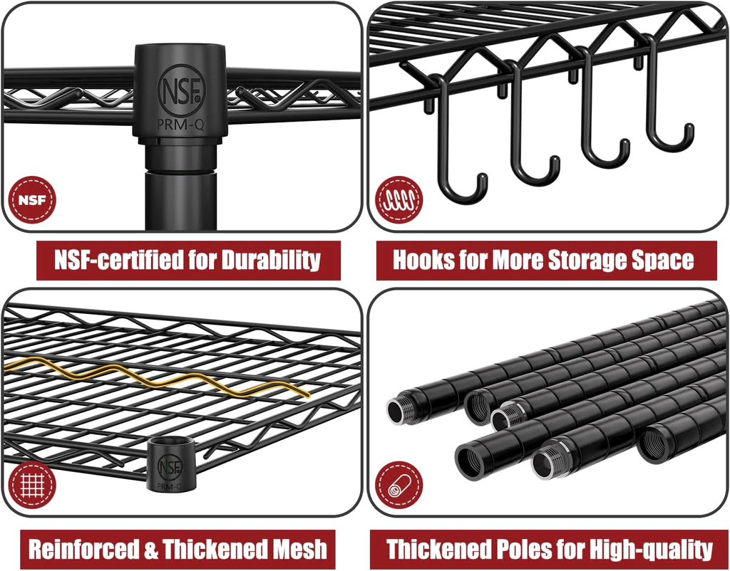 PrimeZone 55.5' W x 24' D x 80' H Heavy Duty Wire Storage Shelves with Wheels, 4 Tier Adjustable NSF Commercial Garage Shelving Unit, Rolling Metal Organizer Shelf Rack for Warehouse, Pantry, Black
