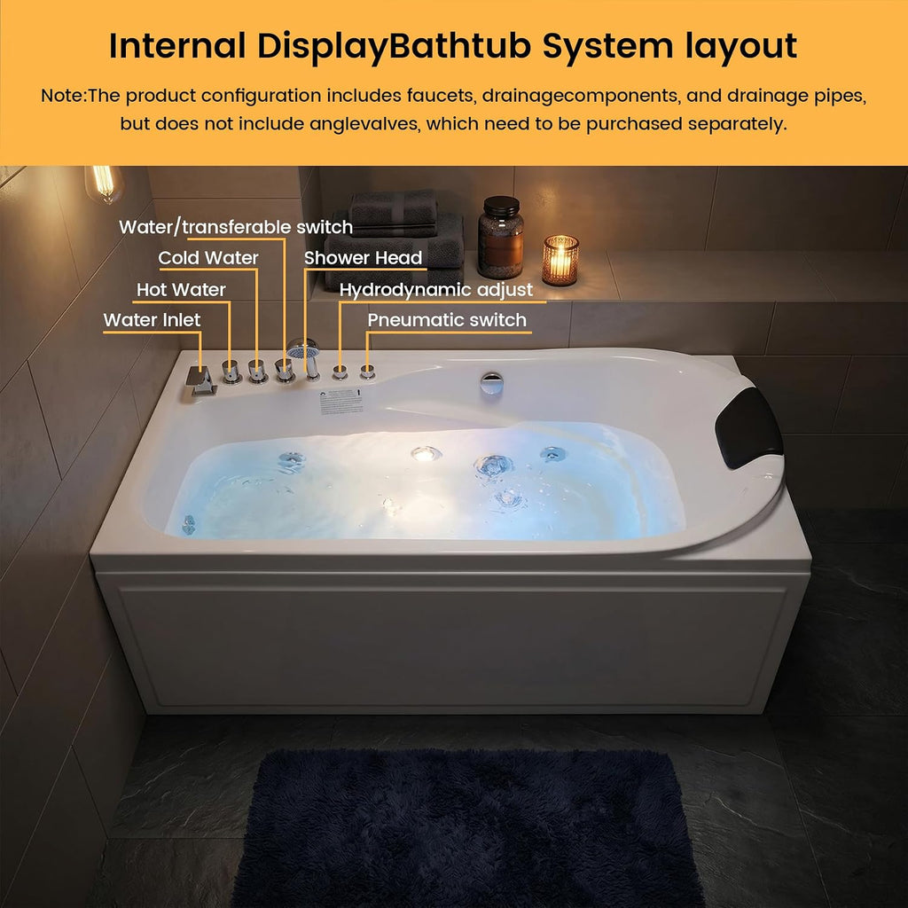 67' x 34' Acrylic Whirlpool Bathtub with Center Drain – 8 Hydro Jets, 750W Jetted Tub, Ergonomic Soaker, White