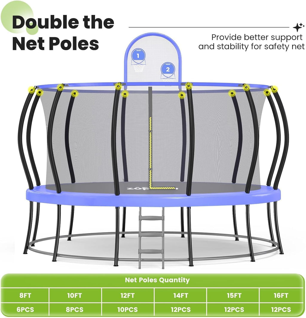 Zupapa 1800LBS Capacity Double Frame Trampoline 16 15 14 12FT No-Gap Safety Design Curved Poles & Basketball Hoop 10-Year Quality Assurance Perfect for Kids & Family Outdoor Fun