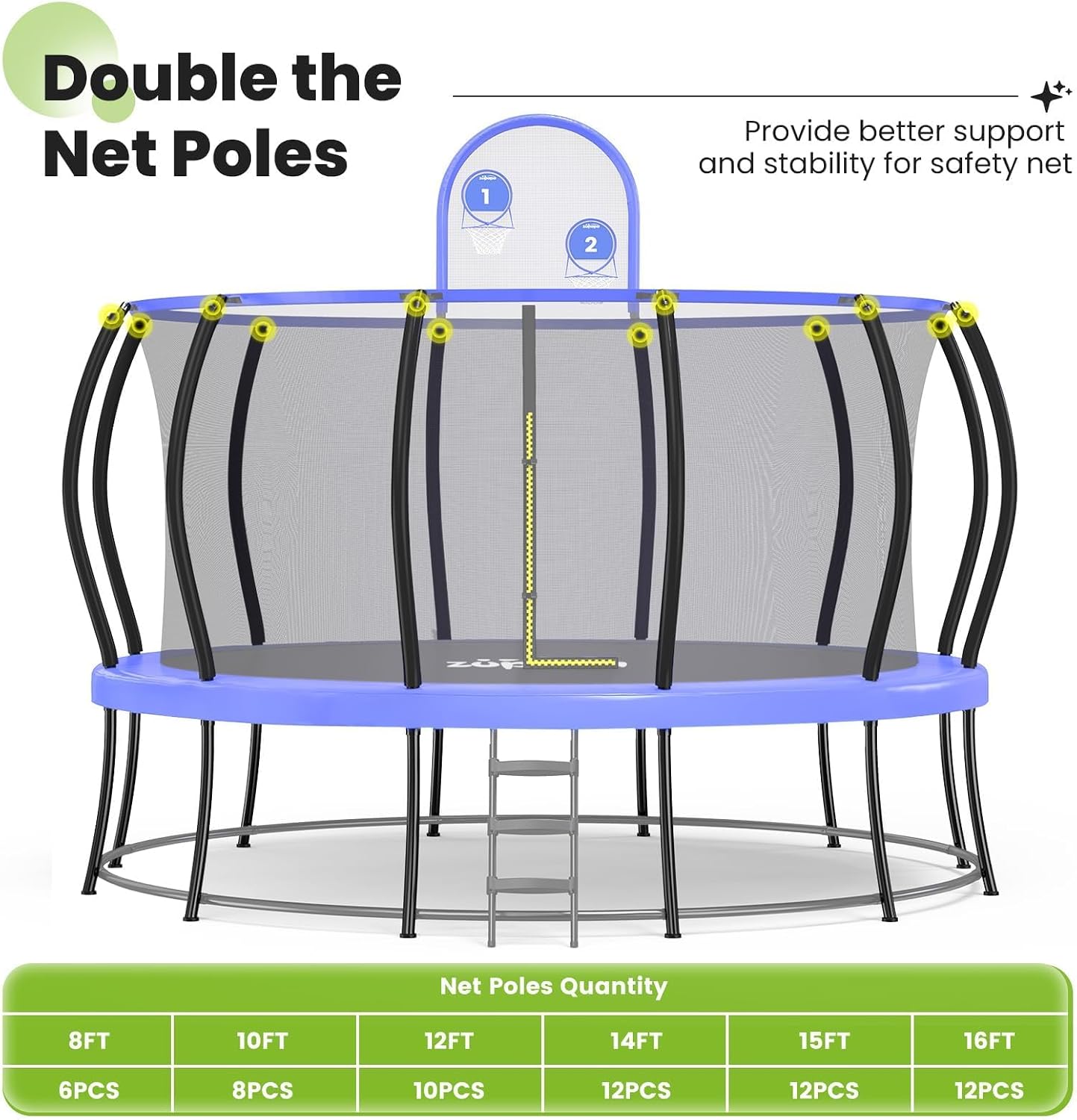 Zupapa 1800LBS Capacity Double Frame Trampoline 16 15 14 12FT No-Gap Safety Design Curved Poles & Basketball Hoop 10-Year Quality Assurance Perfect for Kids & Family Outdoor Fun