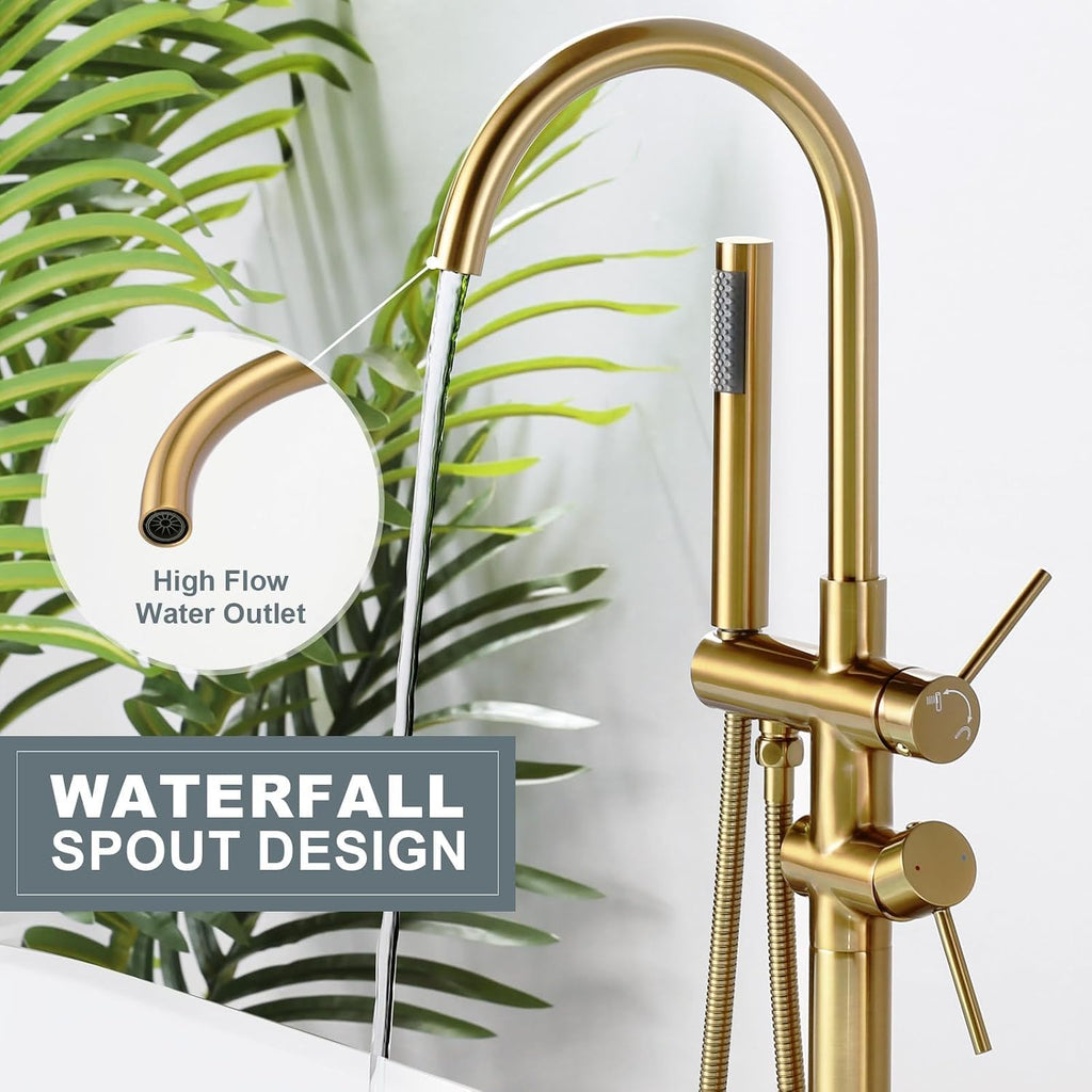 Freestanding Tub Filler Faucet, Floor Mount Brushed Gold Bathtub Faucet with Single Handheld Shower, Brass Shower Tub Faucet Set Complete, Bathtub Faucet with Shower