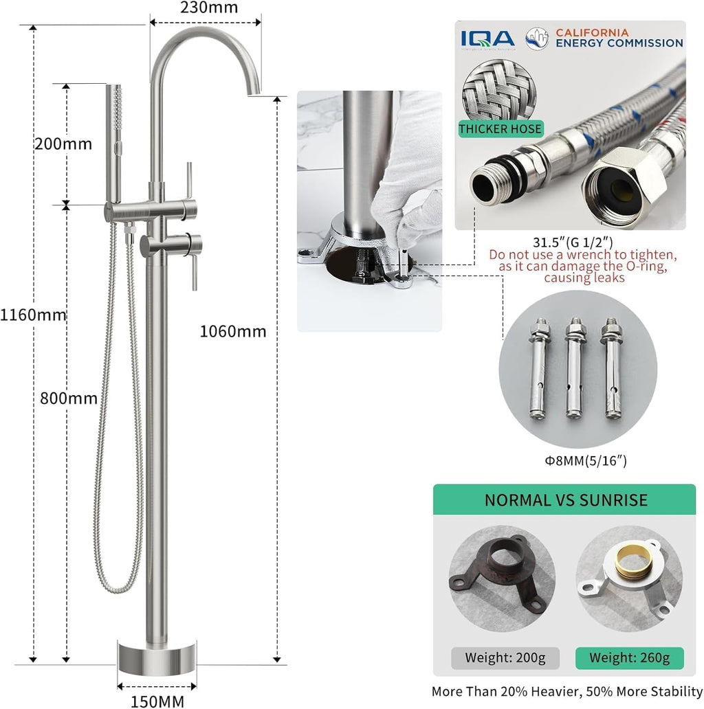 Free Standing Bathtub Faucet Set: SR SUN RISE Floor Mount Tub Filler with 3-Function Handheld Shower Head, Brushed Nickel High Flow Brass Freestanding Shower Faucet