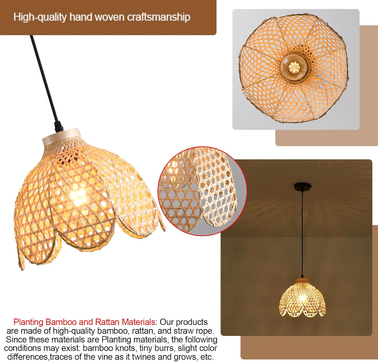 3-Pack Boho Pendant Light Fixture 9.8' Bamboo Hanging Light Mini Rattan Pendant Light,Woven Wicker Shade Rattan Chandelier for Dining Living Bedroom Kitchen Farmhouse